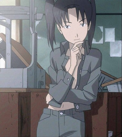 amasawa yuuko, dennou coil, lowres, 00s, 1girl, brown eyes, brown hair, classroom, female focus, indoors, jacket, midriff, no bra, open clothes, open shirt, pencil skirt, school, shirt, skirt, solo, twintails