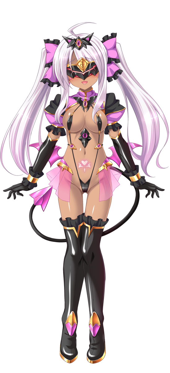 aoi masami, slave cherry, ts magical girl nao, game cg, highres, non-web source, official art, variant set, 1girl, ahoge, alternate skin color, black gloves, blindfold, blush, boots, bow, breasts, corruption, dark-skinned female, dark persona, dark skin, demon tail, elbow gloves, full body, gloves, hair bow, harukaze mai (tsmg nao!), long hair, medium breasts, navel, open mouth, pink hair, pubic tattoo, slave gear, slave visor (tsmg nao!), slingshot swimsuit, solo, swimsuit, tail, tattoo, thigh boots, thighhighs, transparent background, twintails, white hair, wings