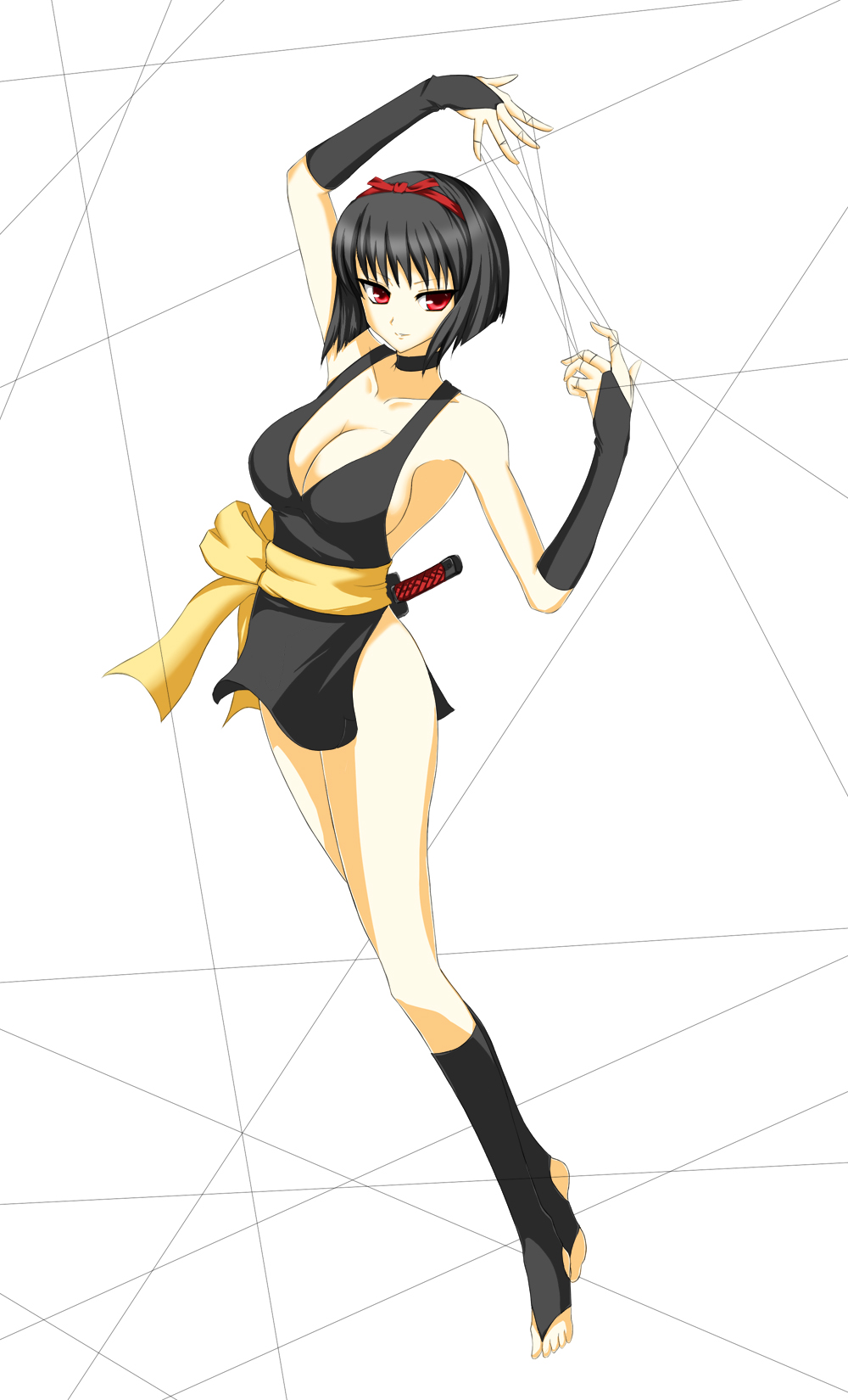 sakasagami no yura, inuyasha, highres, 1girl, black hair, breasts, choker, cleavage, detached sleeves, feet, female focus, gloves, hair ribbon, miniskirt, ninja, red eyes, ribbon, short hair, sideboob, skirt, solo, sword, thighs, toeless legwear, weapon