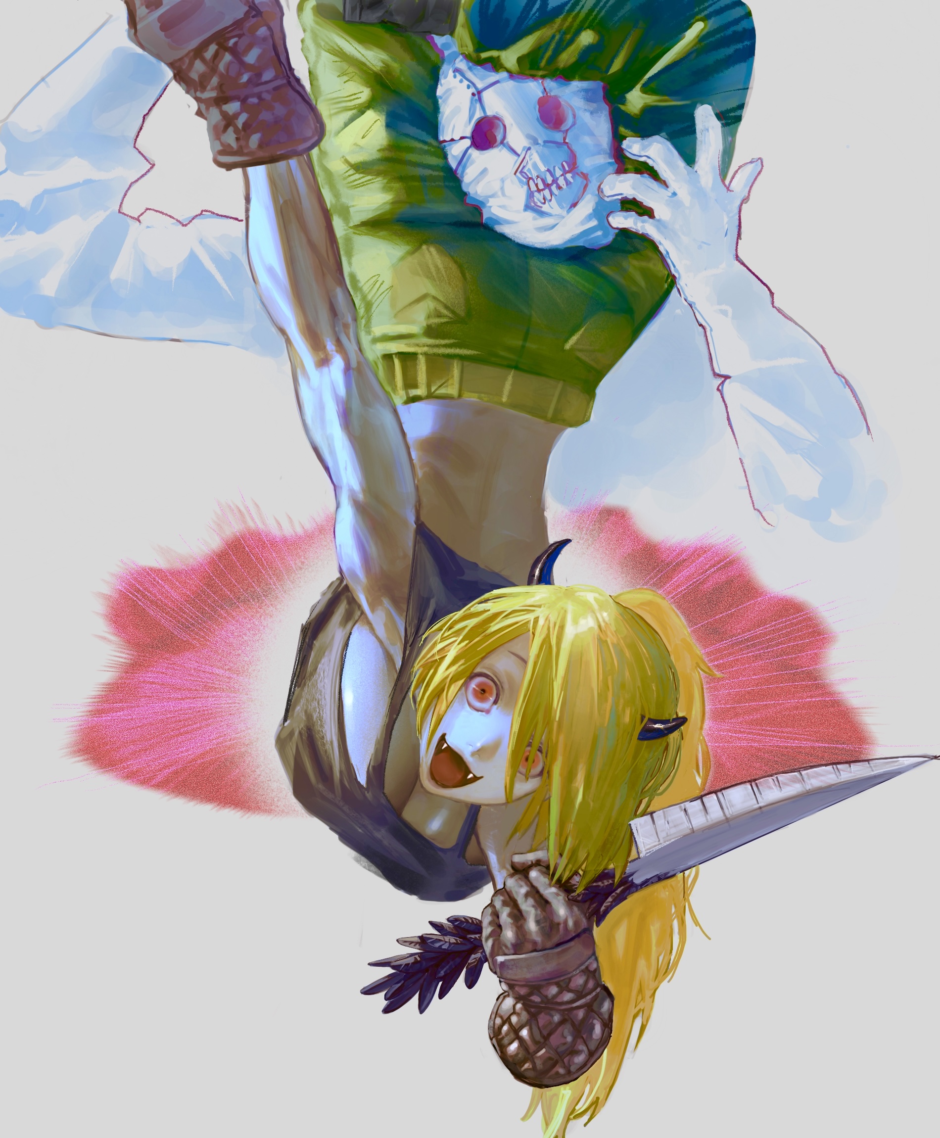 nikaidou (dorohedoro), noi (dorohedoro), dorohedoro, commentary, highres, 2girls, :3, :d, ankle boots, black boots, black feathers, black gloves, black horns, black tank top, blonde hair, boots, breasts, cleavage, cropped torso, demon girl, demon horns, fangs, feathers, figure four leglock, foot out of frame, gloves, green pants, head between thighs, holding, holding knife, horns, knife, large breasts, long hair, looking at viewer, mask, median furrow, mismatched eyebrows, multiple girls, official alternate eye color, open mouth, pants, ponytail, quilted clothes, red eyes, simple background, smile, tank top, toned, toned female, upside-down, vitagazer