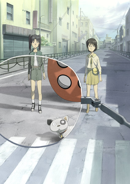 amasawa yuuko, densuke (dennou coil), okonogi yuuko, searchmaton (dennou coil), dennou coil, 00s, 2girls, augmented reality, brown eyes, brown hair, creature, dog, glasses, glasses view, jacket, long hair, looking at viewer, miniskirt, multiple girls, outdoors, short hair, skirt, standing, twintails