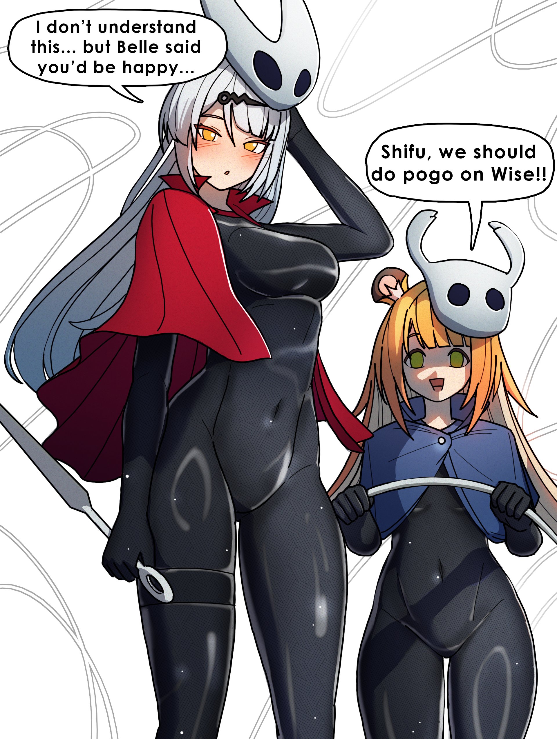 dorahdew, hornet (hollow knight), ju fufu, knight (hollow knight), yixuan (zenless zone zero), hollow knight, hollow knight: silksong, zenless zone zero, black bodystocking, absurdres, highres, 2girls, alternate costume, animal ear fluff, animal ears, blonde hair, blue cloak, blush, bodysuit, cloak, colored inner hair, covered navel, green eyes, grey hair, hair ornament, hairpin, hand on own head, holding, holding weapon, horned mask, latex, latex bodysuit, long hair, looking at viewer, mask, multicolored hair, multiple girls, needle (hollow knight), no pupils, open mouth, orange eyes, orange fur, red cloak, striped hair, thigh strap, thread, tiger ears, tiger girl, tiger stripes, weapon, white background, white mask