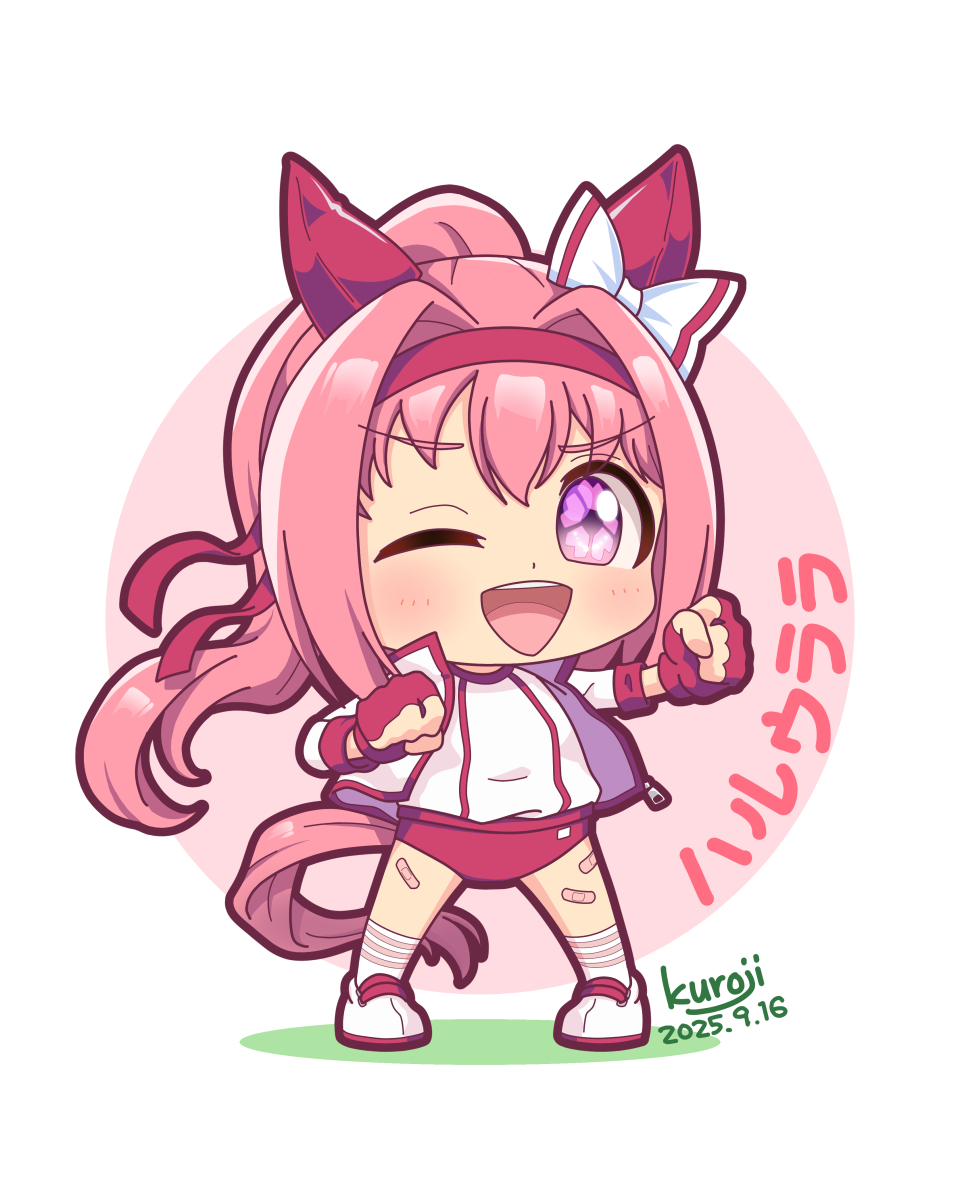 kuroji (kuroji1970), haru urara (bestest prize) (umamusume), haru urara (umamusume), umamusume, highres, animal ears, bandaid, bandaid on leg, bow, buruma, ear bow, ear covers, flower-shaped pupils, flower in eye, gym uniform, headband, horse ears, horse girl, horse tail, pink buruma, pink headband, red buruma, red headband, school uniform, symbol-shaped pupils, symbol in eye, tail, tracen school uniform
