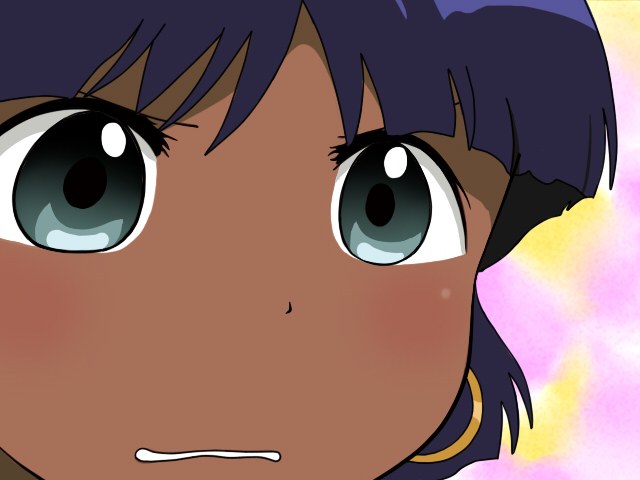 nadia la arwall, fushigi no umi no nadia, non-web source, 1990s (style), 1girl, dark-skinned female, dark skin, earrings, female focus, gradient background, green eyes, gununu (meme), jewelry, meme, purple hair, retro artstyle, short hair, solo