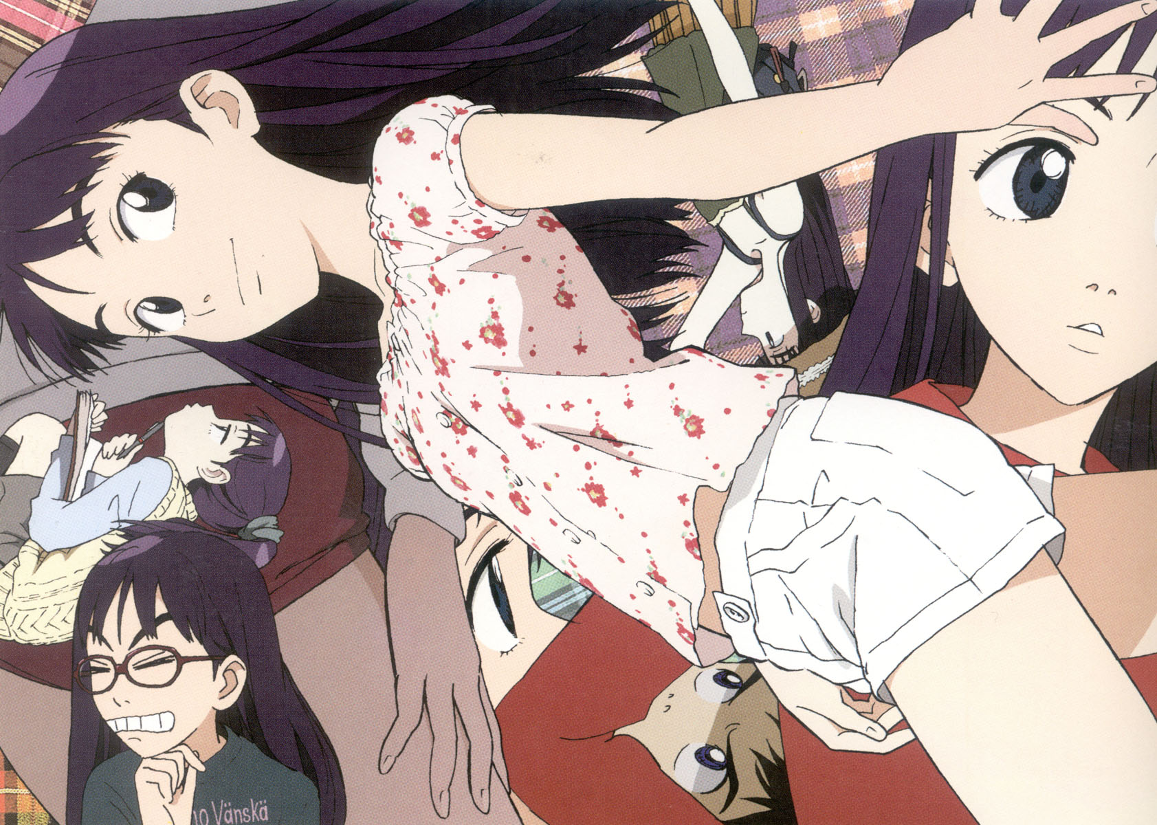 nandaba naota, ninamori eri, flcl, artist request, highres, non-web source, official art, scan, 00s, 1boy, 1girl, black eyes, finnish text, flat chest, glasses, long hair, purple hair, shorts