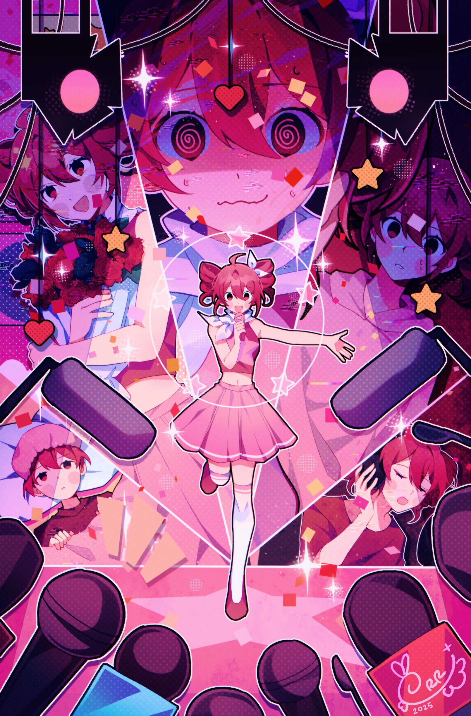orri (iirokagi), kasane teto, kasane teto (sv), spoken for (synthesizer v), synthesizer v, utau, absurdres, highres, @ @, ahoge, boom microphone, dancing, drill hair, hair ribbon, holding, holding microphone, idol clothes, looking at viewer, microphone, multiple views, music, pink eyes, pink hair, pink shoes, pink skirt, ribbon, scarf, shirt, shoes, singing, skirt, sleeveless, sleeveless shirt, smile, socks, spotlight, stage, twin drills, white ribbon, white scarf, white socks