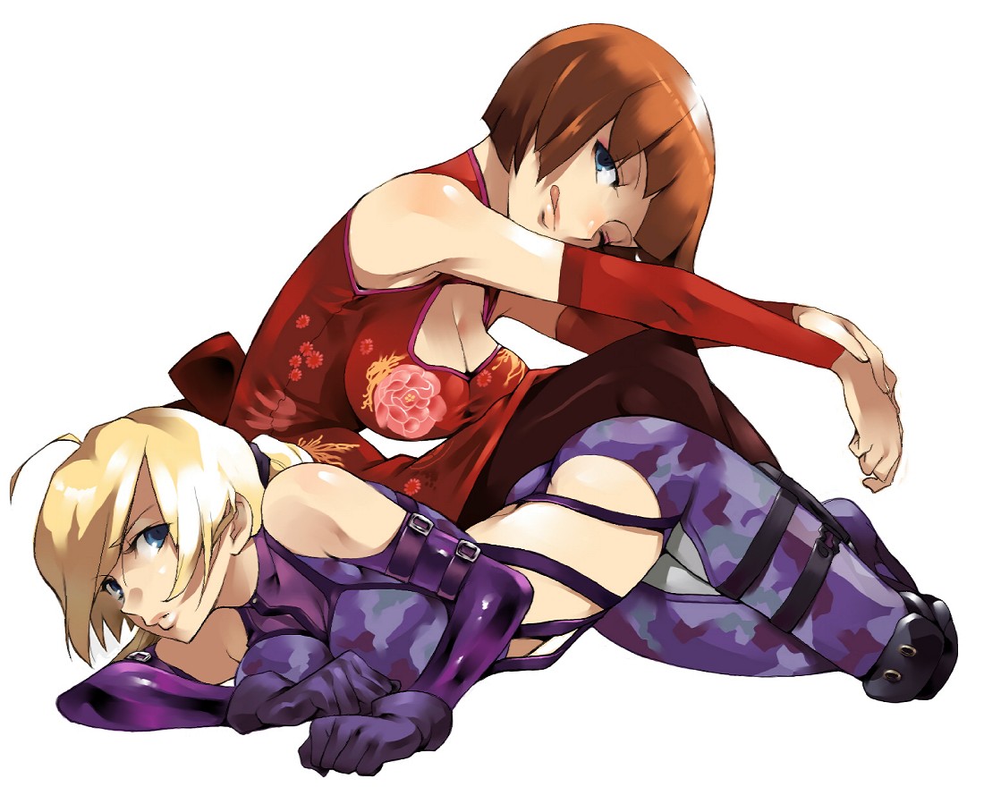heisa, anna williams, nina williams, death by degrees, namco, tekken, tekken 2, tekken 3, tekken 4, tekken 5 (dark resurrection), tekken tag tournament, bad id, bad pixiv id, 2girls, blonde hair, blue eyes, breasts, brown hair, camouflage, china dress, chinese clothes, cleavage, detached sleeves, dress, gloves, licking lips, lying, multiple girls, pantyhose, short hair, siblings, sisters, sitting, tongue, tongue out