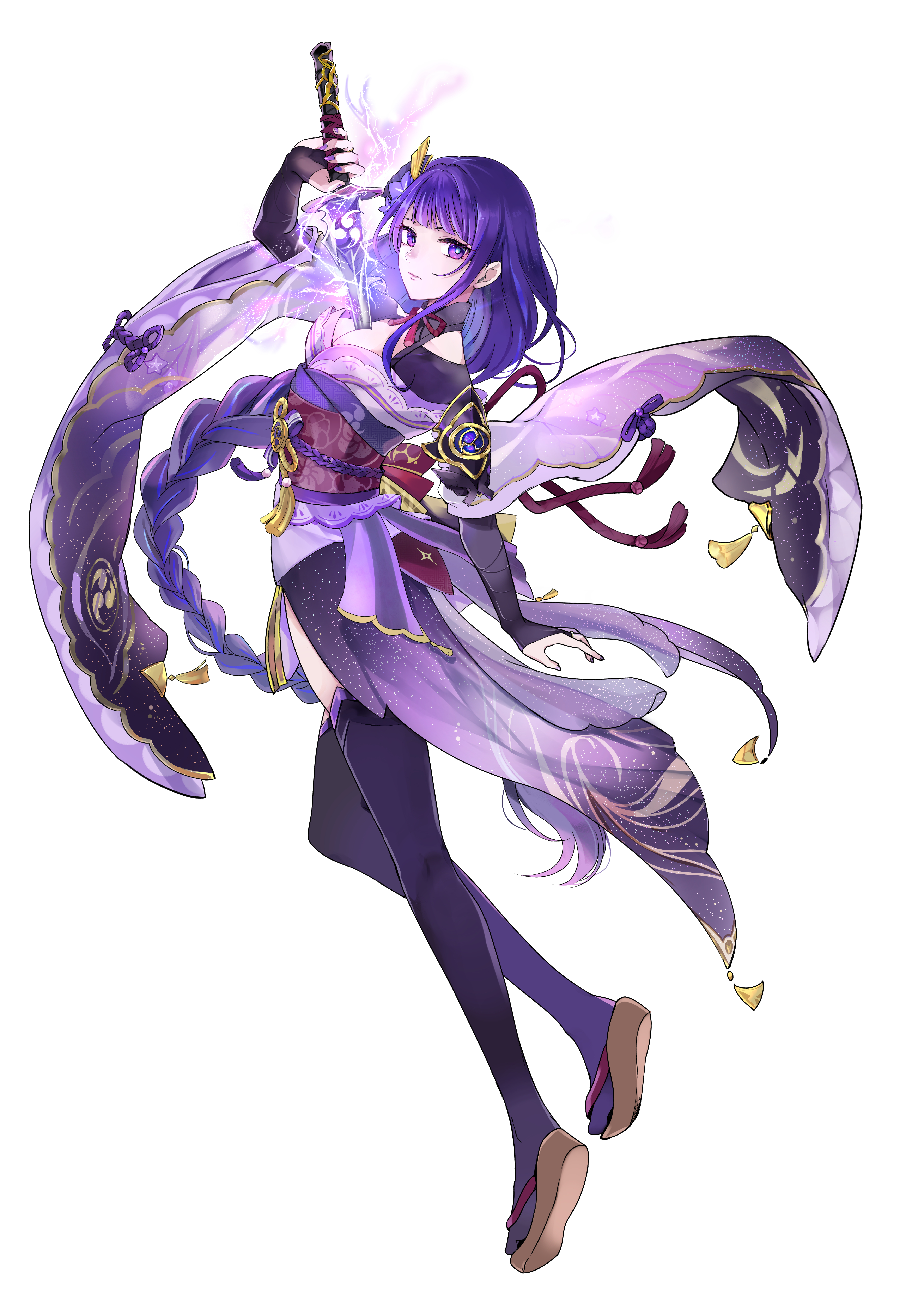 yuki (siroikona), raiden shogun, genshin impact, absurdres, commentary, highres, 1girl, armor, braid, braided ponytail, breasts, cleavage, closed mouth, electricity, expressionless, full body, hair ornament, holding, holding sword, holding weapon, japanese clothes, kimono, long hair, looking at viewer, mitsudomoe (shape), musou isshin (genshin impact), neck ribbon, purple eyes, purple hair, purple kimono, red ribbon, ribbon, shoulder armor, simple background, solo, sword, tomoe (symbol), weapon