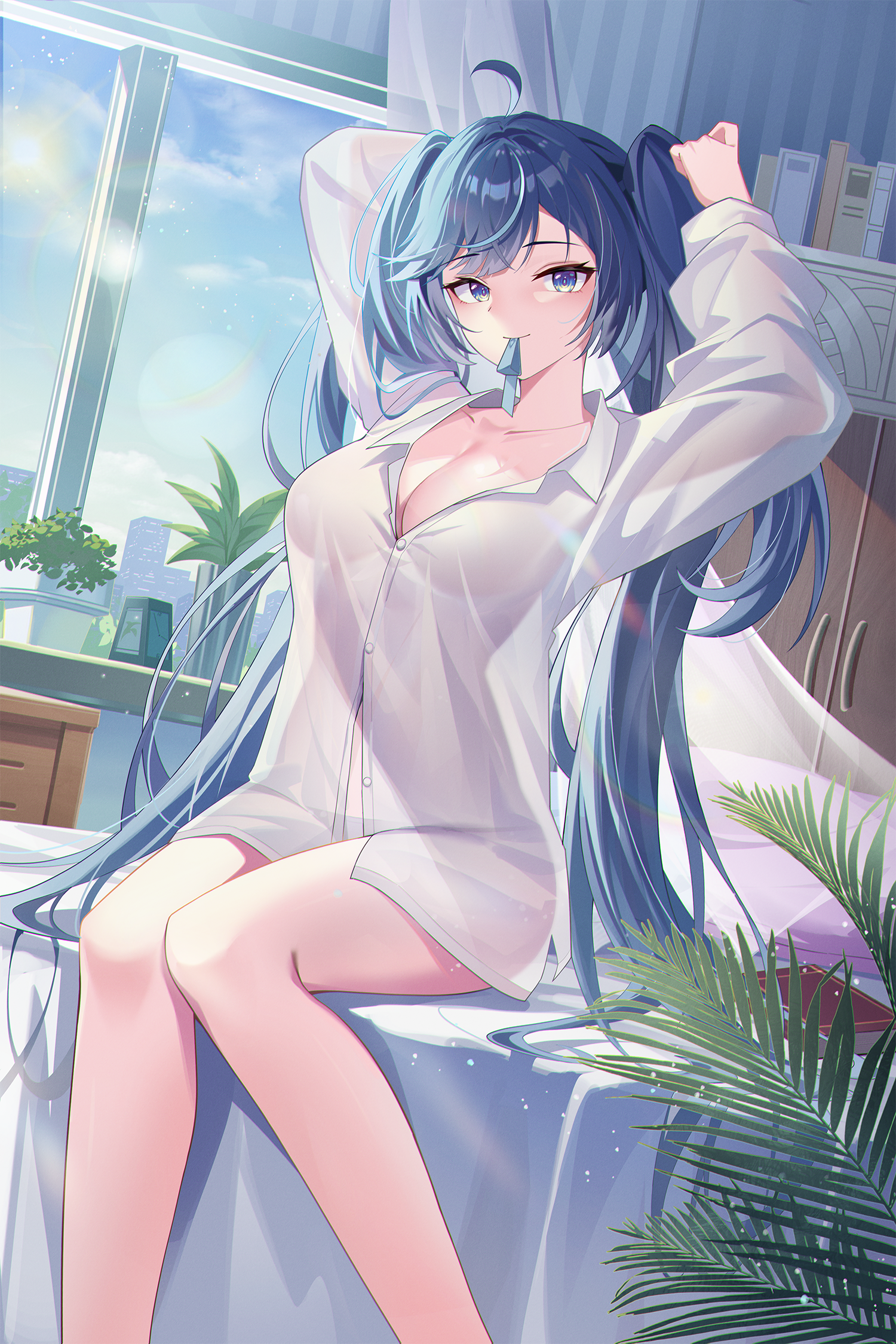 laosi j, iuno (wuthering waves), wuthering waves, commentary, highres, 1girl, adjusting hair, ahoge, arms up, bed, bed sheet, blue eyes, blue hair, blue sky, book, breasts, building, buttons, cleavage, closed mouth, cloud, collarbone, collared shirt, curtains, day, dutch angle, feet out of frame, hair tie, hair tie in mouth, indoors, lens flare, light particles, long hair, long sleeves, looking at viewer, medium breasts, mouth hold, on bed, partially unbuttoned, pillow, plant, potted plant, see-through clothes, see-through shirt, shirt, sitting, sky, smile, solo, sun, sunlight, swept bangs, thighs, twintails, very long hair, wardrobe, white shirt, window
