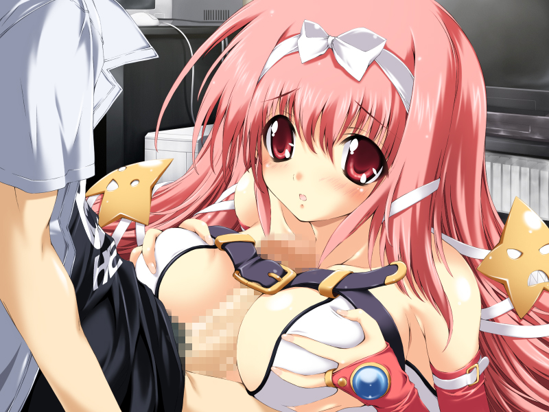 mitsuki mantarou, endou ifrina, figu@mate, breast hold, game cg, 1boy, 1girl, bare shoulders, belt, blush, breasts, breasts squeezed together, censored, hair ribbon, hetero, long hair, open mouth, paizuri, penis, pink hair, red eyes, ribbon, solo focus