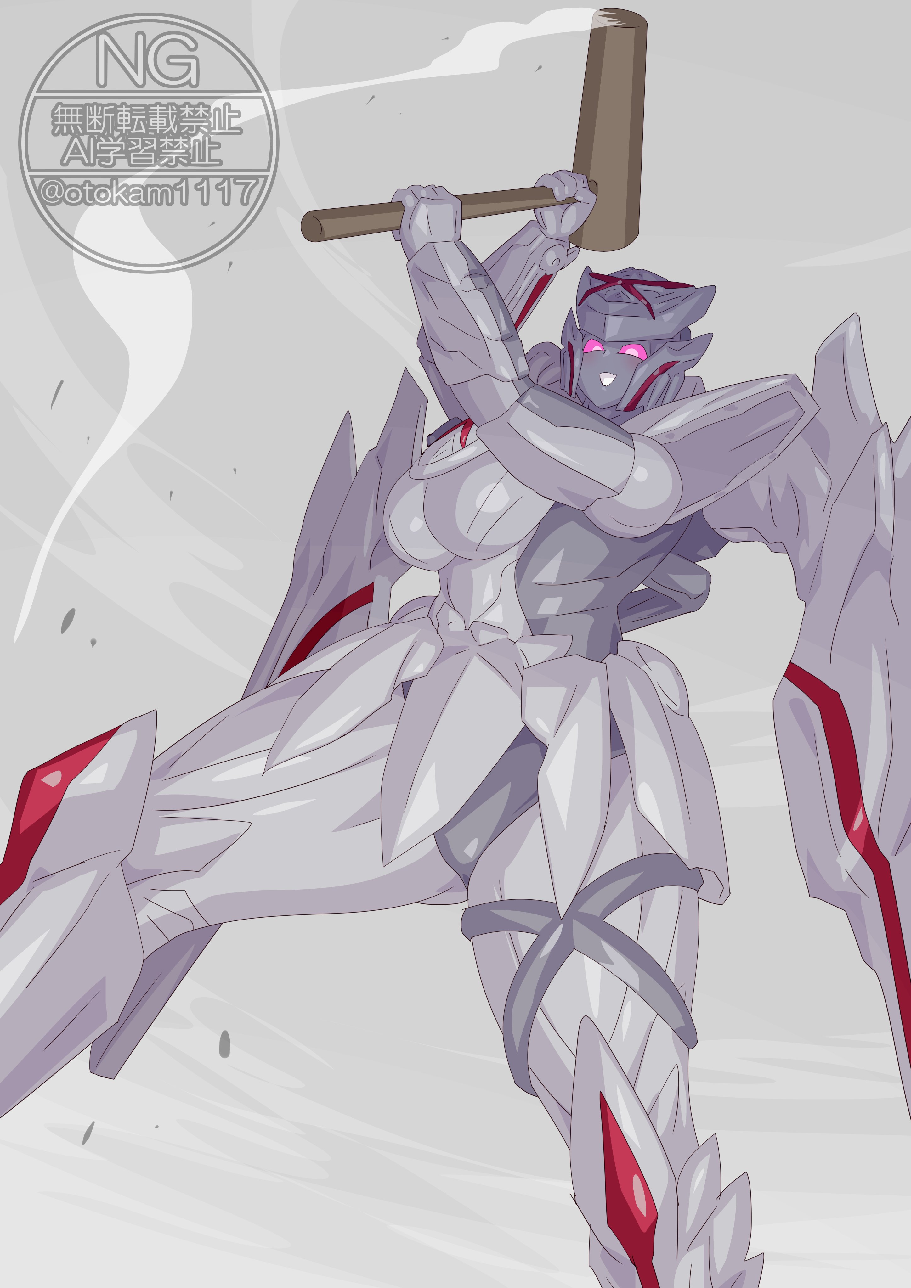 otokamu, queen tegajune, no.1 sentai gozyuger, super sentai, absurdres, highres, 1girl, blush, breasts, colored skin, giant, hammer, looking down, mechanical wings, robot, robot girl, tegajune, tokusatsu, white skin, wings, yandere