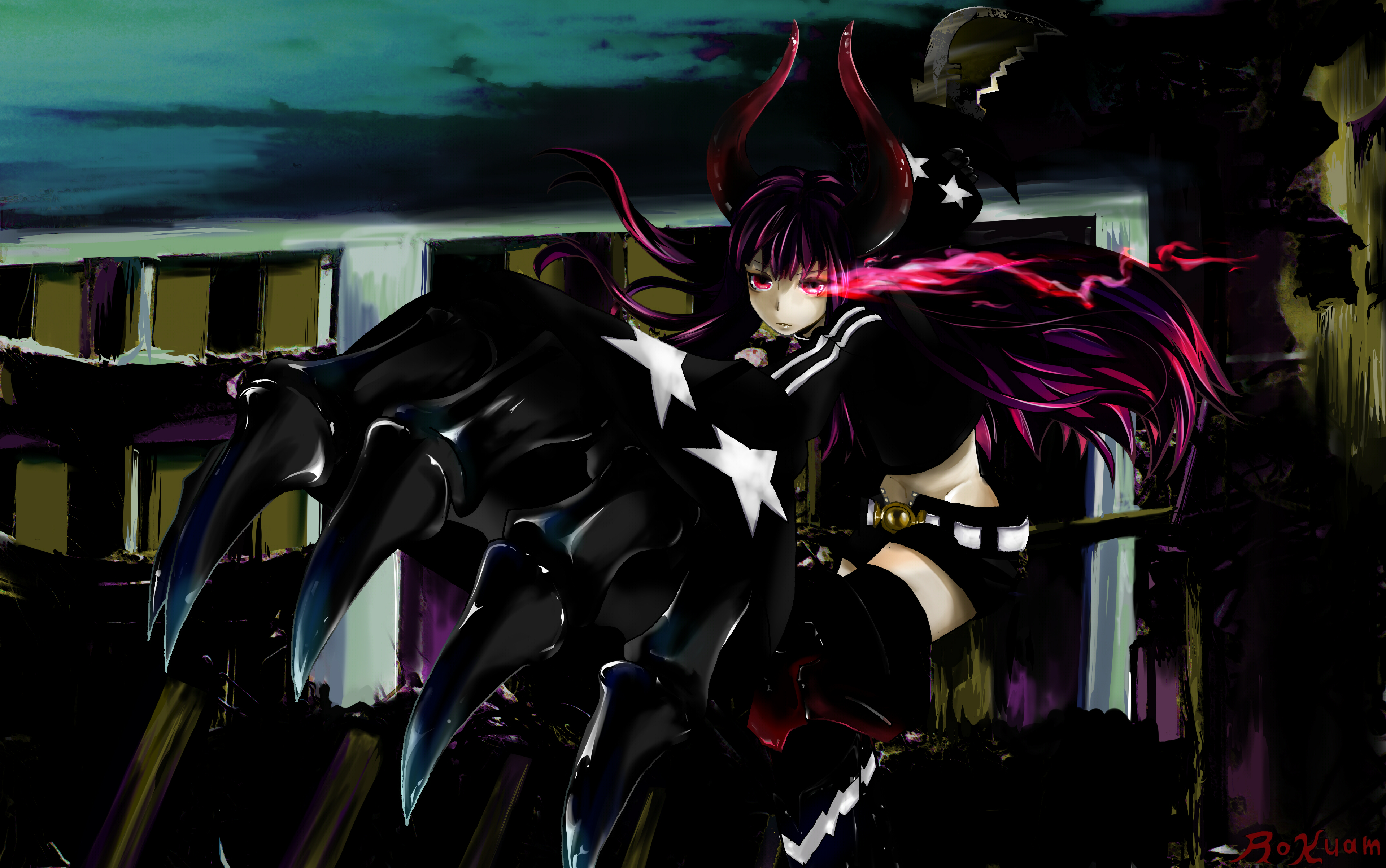 black gold saw, king saw, black rock shooter, absurdres, highres, 1girl, armored boots, belt, black jacket, black shorts, boots, flaming eye, horns, jacket, long hair, moxuar, pale skin, red eyes, red fire, red hair, red horns, shorts, skeletal hand, solo, sword, weapon