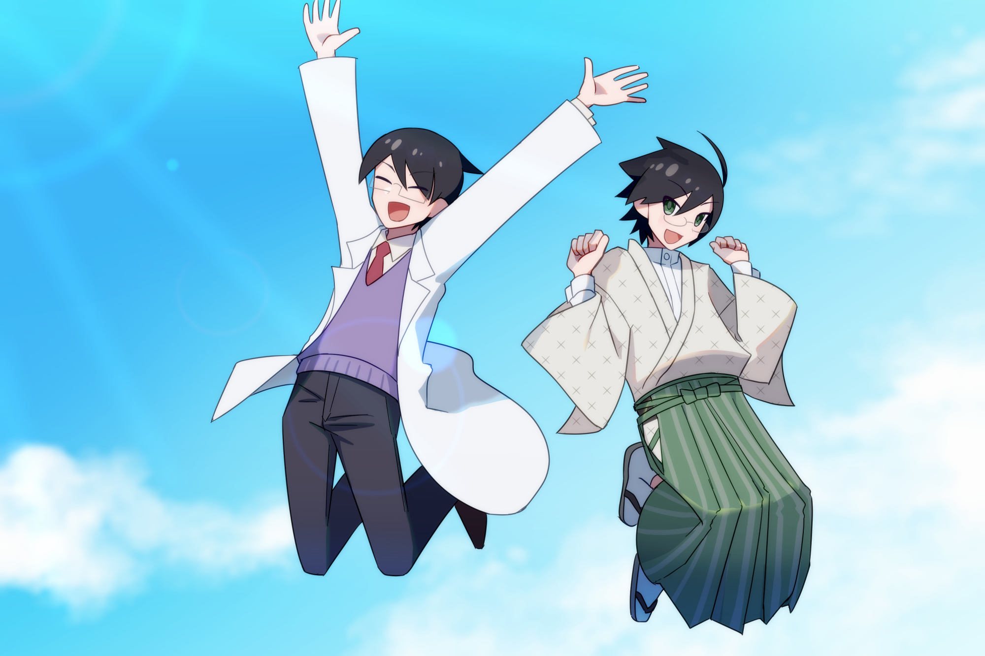 tomato ebichiri, itoshiki mikoto, itoshiki nozomu, sayonara zetsubou sensei, commentary request, highres, 2boys, :d, arms up, black hair, black pants, brothers, closed eyes, cloud, collared shirt, full body, geta, glasses, green eyes, green hakama, hakama, japanese clothes, jumping, kimono, lab coat, light rays, male focus, midair, multiple boys, necktie, open mouth, out of character, pants, purple sweater, red necktie, shirt, shosei, siblings, sky, smile, socks, sunbeam, sunlight, sweater, white socks