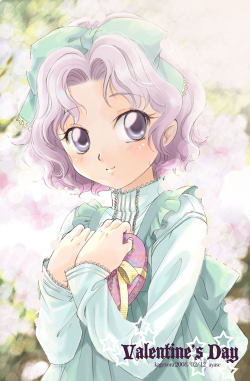 kacka, cornelia li britannia, code geass, 00s, aged down, blush, bow, child, hair bow, purple eyes, purple hair, short hair, solo, valentine