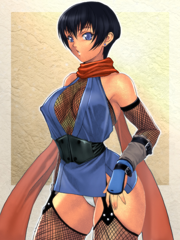 homare (fool's art), source request, 1girl, :o, armpits, black hair, blue eyes, breasts, bridal gauntlets, cleavage, covered erect nipples, detached sleeves, earrings, female focus, fishnet thighhighs, fishnets, garter straps, japanese clothes, jewelry, large breasts, ninja, no bra, open mouth, panties, see-through clothes, short hair, solo, standing, strap, thick thighs, thighhighs, thighs, underwear, white panties