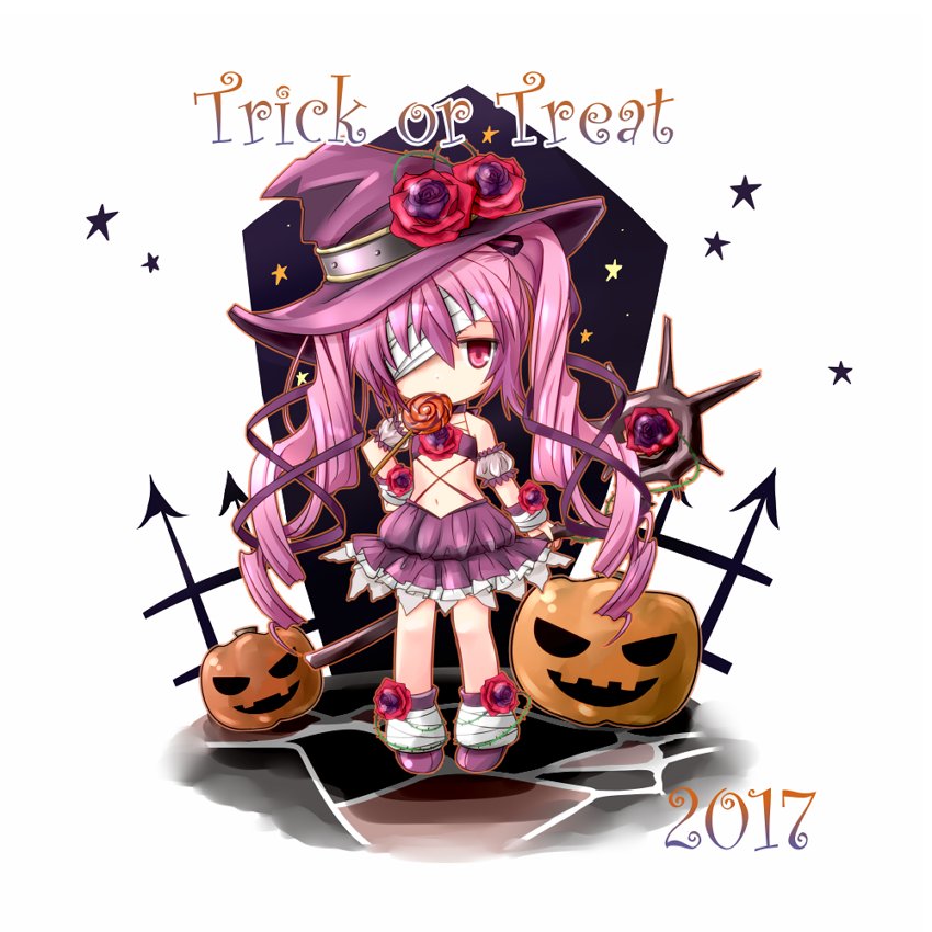 akino sakura, emil chronicle online, 1girl, 2017, armband, bandage over one eye, boots, chibi, clothing cutout, dress, drill hair, fence, flower, frilled armband, frilled dress, frills, halloween, hat, holding, holding staff, jitome, lollipop in mouth, mouth hold, mummy alma, pink hair, pumpkin, purple boots, purple dress, purple eyes, purple hat, rose, sleeveless, sleeveless dress, solo, staff, standing, stomach cutout, twin drills, twintails, witch hat