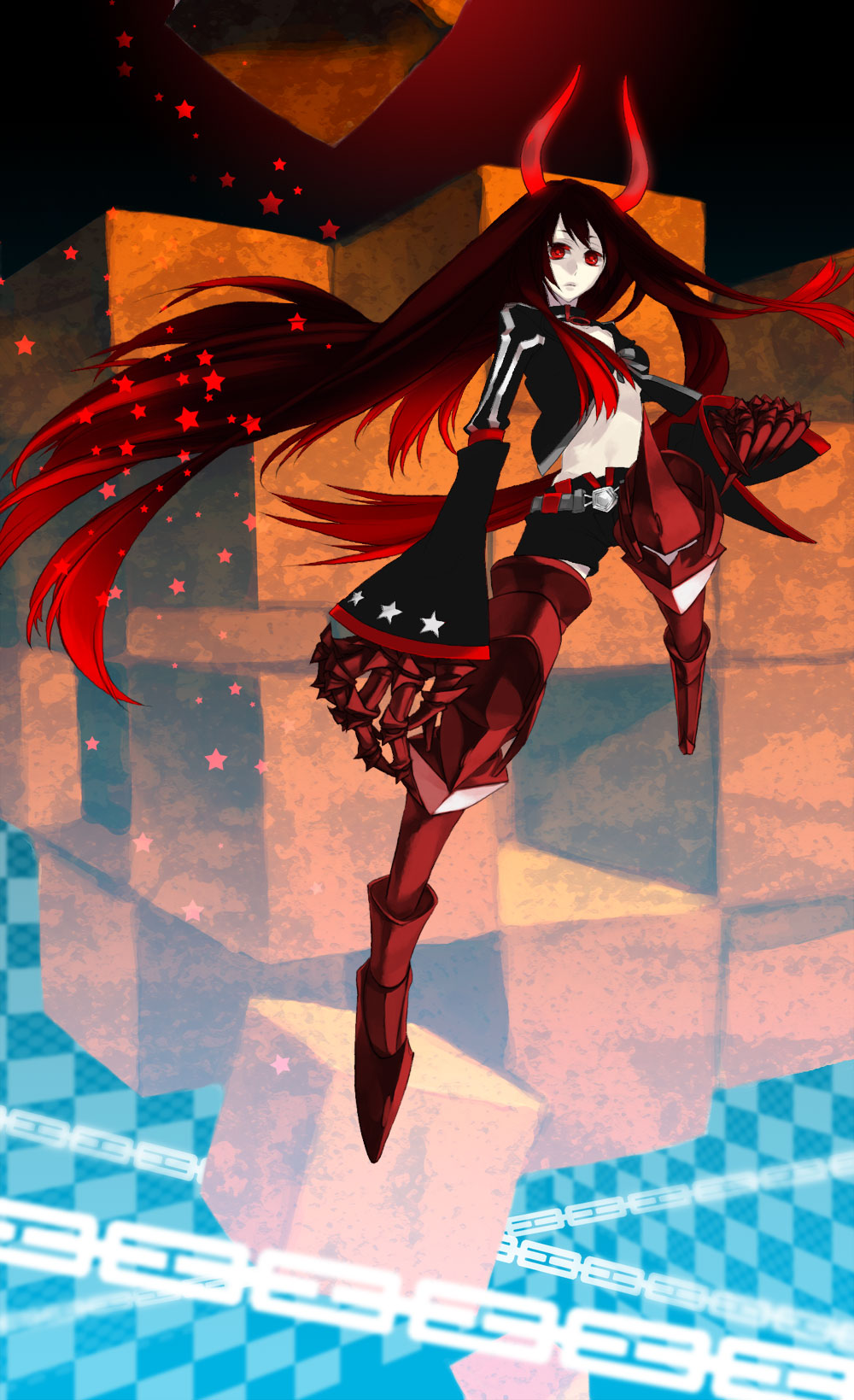 onozawa, black gold saw, black rock shooter, highres, 1girl, armored boots, belt, black jacket, black shorts, boots, horns, jacket, long hair, pale skin, red eyes, red hair, shorts, skeletal hand