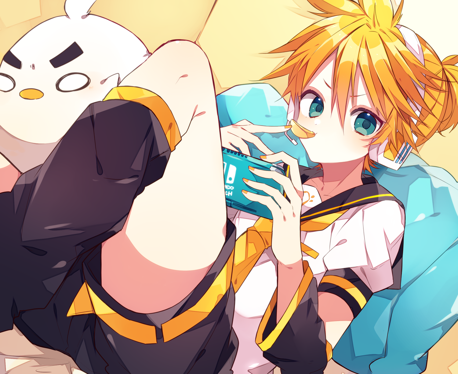 kaho 0102, kagamine len, vocaloid, commentary request, highres, 1boy, arm warmers, bass clef, black sailor collar, black shorts, blonde hair, chips (food), closed mouth, double-parted bangs, feet out of frame, food, green eyes, hair between eyes, handheld game console, headset, holding, holding handheld game console, leg warmers, looking at viewer, male focus, necktie, nintendo switch lite, sailor collar, shirt, short hair, short sleeves, shorts, sitting, solo, v-shaped eyebrows, white shirt, yellow necktie