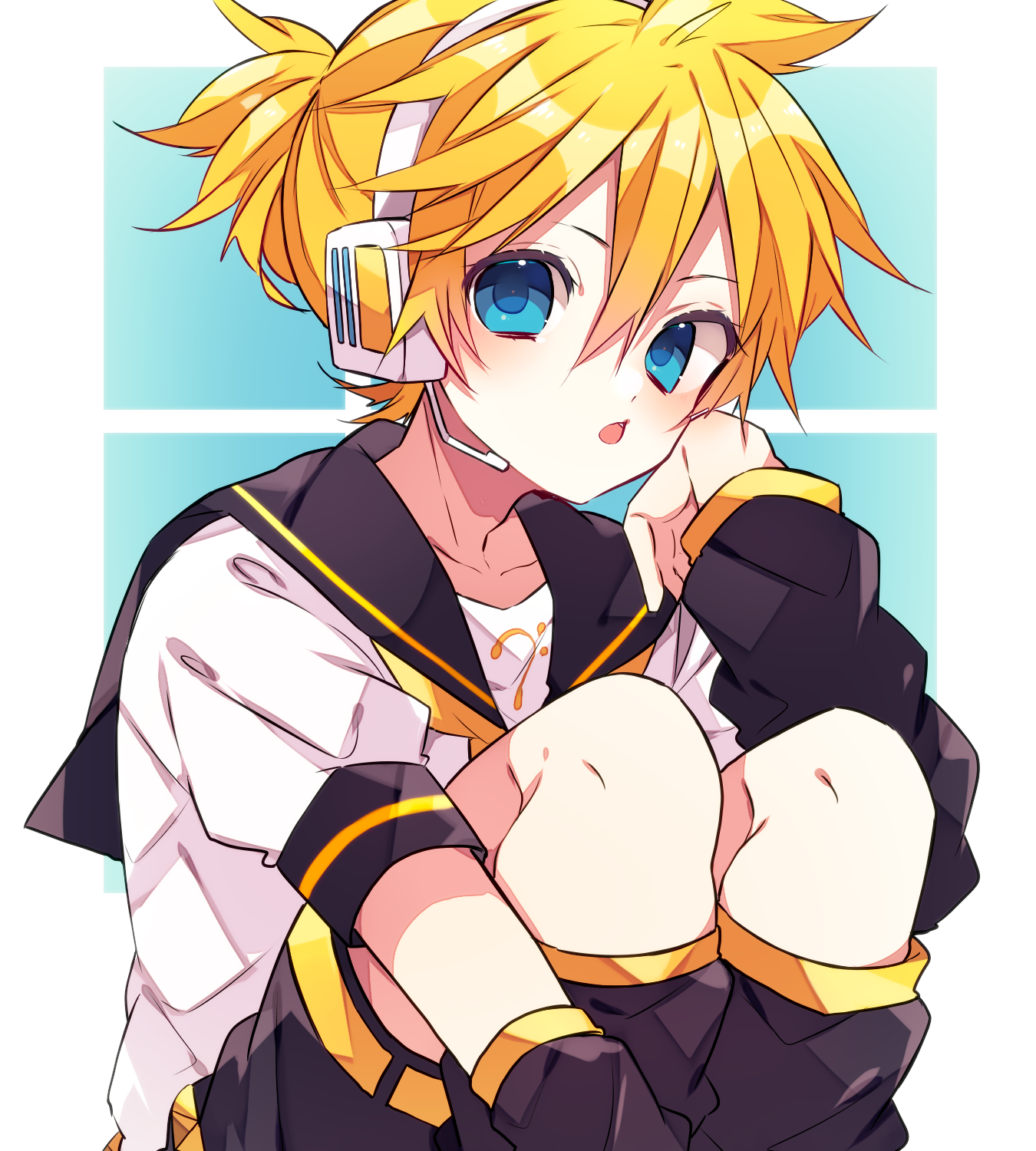 kaho 0102, kagamine len, vocaloid, commentary request, highres, 1boy, :o, arm warmers, bass clef, black sailor collar, black shorts, blonde hair, blue background, blue eyes, double-parted bangs, feet out of frame, hair between eyes, headset, knees up, leg warmers, looking at viewer, male focus, necktie, open mouth, sailor collar, shirt, short hair, short sleeves, shorts, sitting, solo, white shirt, yellow necktie
