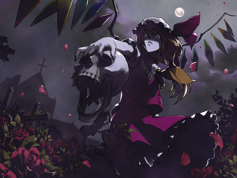 fuchida kazuhiro, flandre scarlet, touhou, 1girl, ascot, blonde hair, church, flower, full moon, hat, hat ribbon, moon, night, red eyes, ribbon, rose, side ponytail, skull, solo, wings