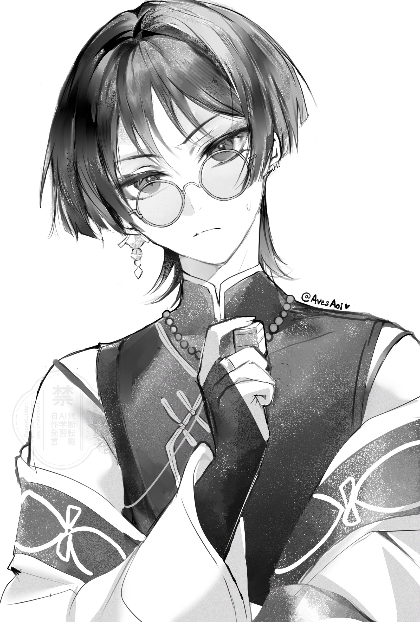 avesaoi, scaramouche (genshin impact), wanderer (genshin impact), genshin impact, highres, 1boy, bespectacled, blunt ends, bridal gauntlets, chinese clothes, closed mouth, earrings, eyelashes, eyeshadow, fingernails, glasses, greyscale, head tilt, holding, hoyofair, jewelry, long sleeves, makeup, male focus, mandarin collar, middle ring, monochrome, off shoulder, robe, round eyewear, shirt, solo, sweatdrop, tsurime, twitter username, upper body, wanderer (parallels meet) (genshin impact), watermark, white background, wide sleeves, wispy bangs