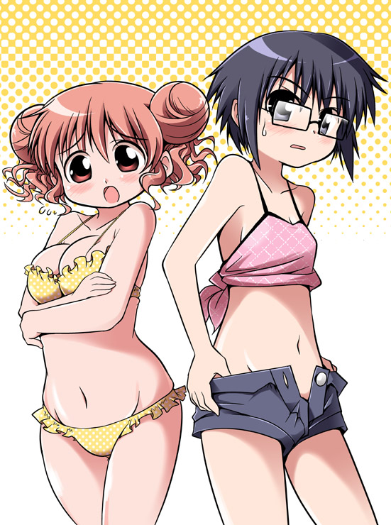 serebi ryousangata, sforce, hiro (hidamari sketch), sae (hidamari sketch), hidamari sketch, 00s, 2girls, bikini, black eyes, black hair, blush, breasts, double bun, flat chest, frilled bikini, frills, glasses, hair bun, medium breasts, midriff, multiple girls, navel, polka dot, polka dot bikini, red eyes, red hair, short hair, short shorts, shorts, swimsuit, undressing