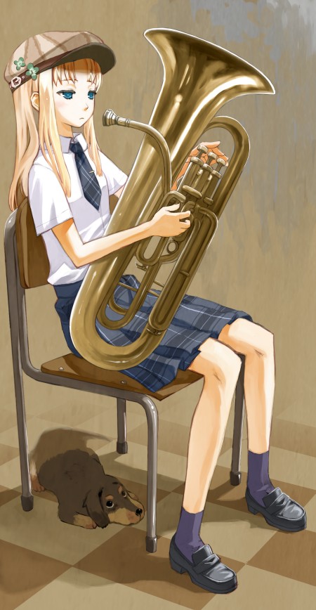 shiden, 1girl, blonde hair, blue eyes, chair, dog, euphonium, female focus, hat, instrument, long hair, necktie, newsboy cap, plaid clothes, plaid skirt, school uniform, sitting, skirt, solo, tuba