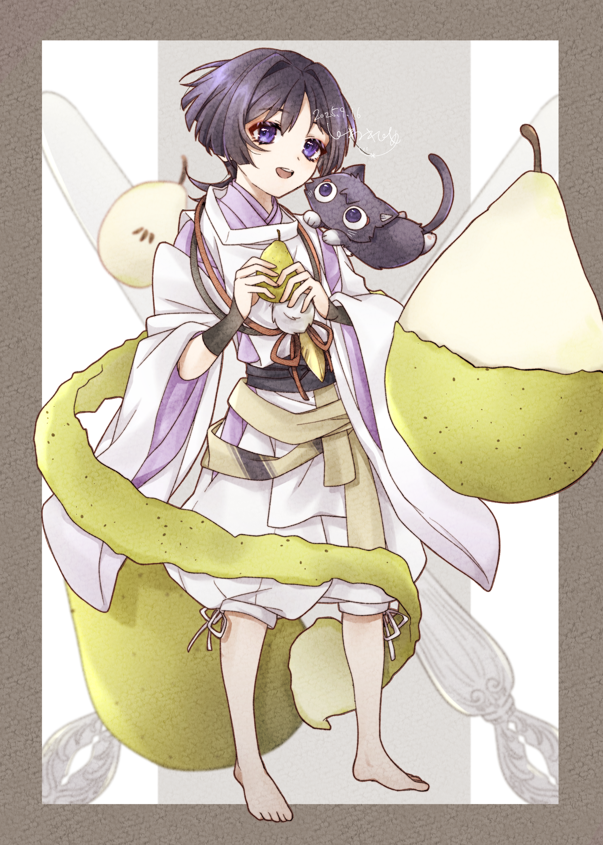 yuzuko to love, scaramouche (cat) (genshin impact), scaramouche (genshin impact), scaramouche (kabukimono) (genshin impact), genshin impact, absurdres, highres, 1boy, animal, animal on shoulder, animalization, barefoot, black bow, black cat, black hair, black sash, blunt ends, border, bow, brown border, brown sash, cat, cat on shoulder, clothing cutout, dated, eyelashes, eyeliner, eyeshadow, feathers, food, fruit, fruit background, full body, hair intakes, hip vent, holding, holding food, holding fruit, japanese clothes, kariginu, kimono, layered sleeves, makeup, open mouth, pants, parted bangs, pear, person and animalization, pom pom (clothes), purple eyes, purple kimono, purple sleeves, red eyeliner, red eyeshadow, sash, shoulder cutout, side cutout, signature, solo, standing, string, tareme, teeth, toes, upper teeth only, white pants, white sleeves, wide sleeves, wispy bangs, yellow feathers