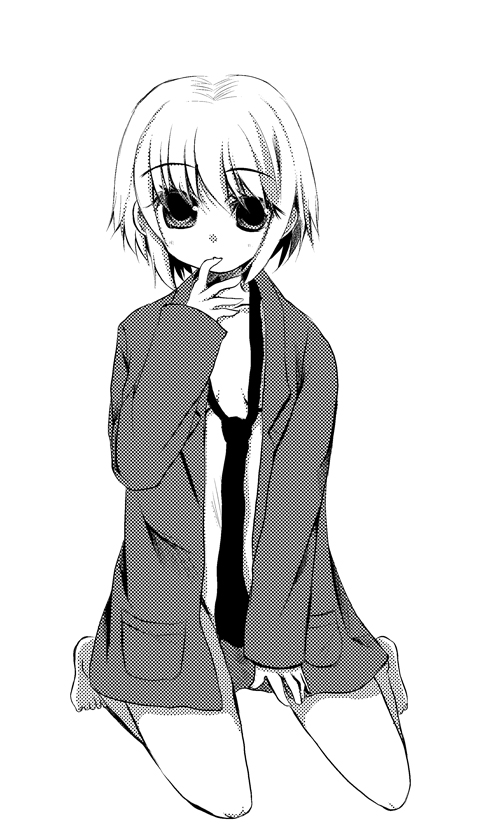 eryu, blazer, bottomless, greyscale, jacket, monochrome, necktie, open clothes, open shirt, shirt, solo