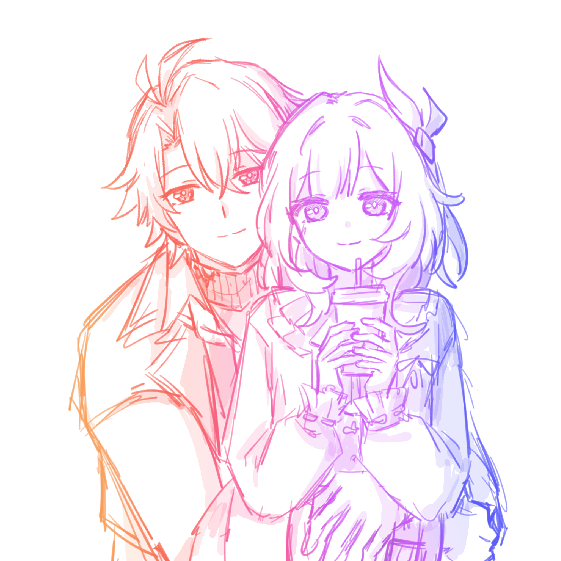cyrene (honkai: star rail), phainon (honkai: star rail), honkai: star rail, honkai (series), highres, 1boy, 1girl, ahoge, alternate costume, couple, cup, cyrene (aedes elysiae) (honkai: star rail), disposable cup, hair ornament, hetero, holding, holding cup, hug, jacket, lianxielian, multiple monochrome, short hair, simple background, smile