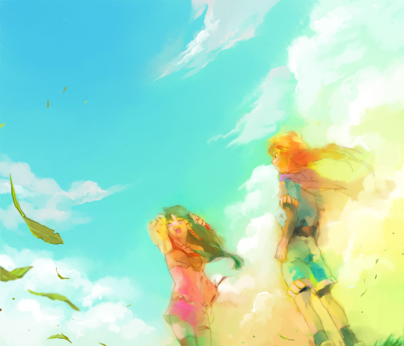 feena (grandia), justin (grandia), game arts, grandia, grandia i, bad id, bad pixiv id, 1boy, 1girl, cloud, day, long hair, low-tied long hair, sky