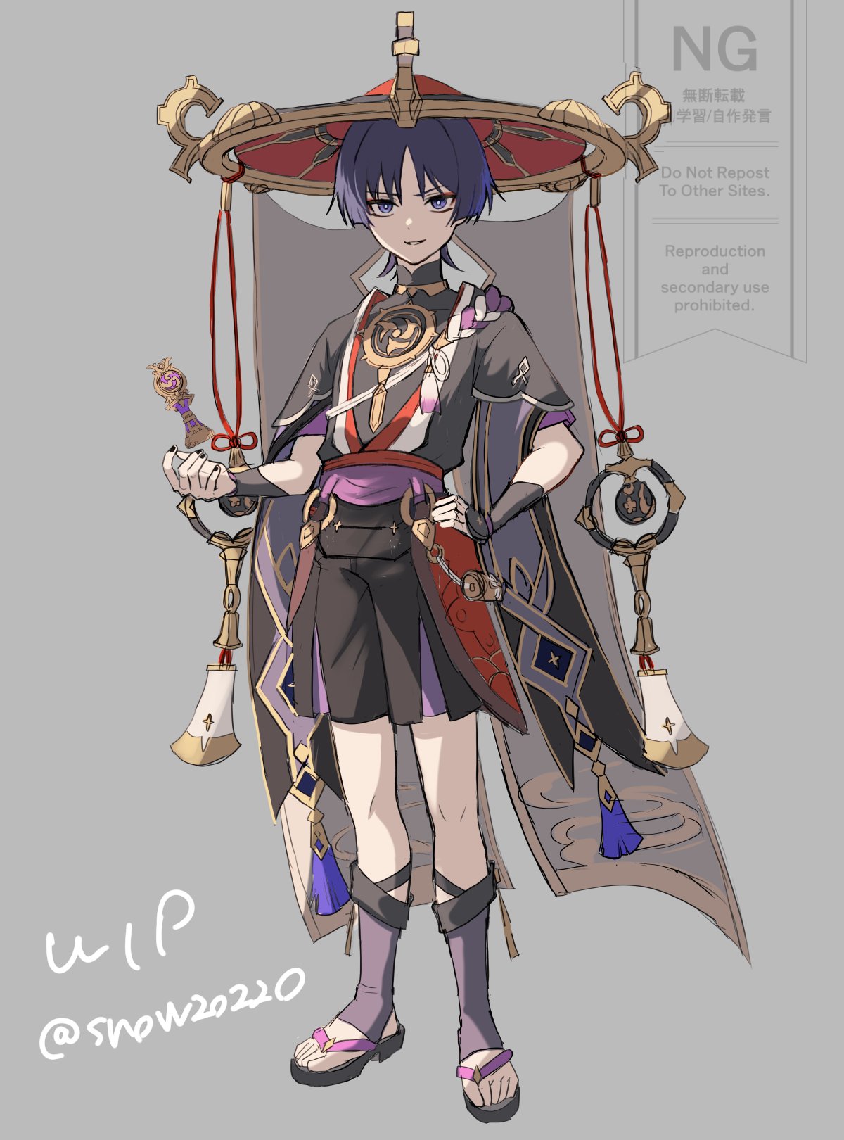 snow20200, scaramouche (genshin impact), genshin impact, highres, unfinished, 1boy, armor, black bodysuit, black hair, black kimono, black nails, black sandals, black shorts, black sleeves, blunt ends, bodysuit, bridal legwear, bright pupils, covered collarbone, eyeliner, eyeshadow, floating, floating object, full body, furisode, gnosis (genshin impact), gold, gold trim, grey background, grey hair, grey veil, hand on own hip, hand up, hat, japanese armor, japanese clothes, jewelry, jingasa, juban, kimono, kote, kurokote, layered shorts, layered sleeves, looking at viewer, makeup, male focus, mandarin collar, mitsudomoe (shape), multicolored hair, neck ring, o-ring, open hand, parted bangs, parted lips, purple eyes, purple hair, purple rope, purple sash, purple shorts, purple sleeves, red eyeliner, red eyeshadow, red hat, red kimono, red sash, rope, sandals, sash, shimenawa, short sleeves, shorts, smirk, solo, standing, stirrup legwear, streaked hair, tassel, toeless legwear, toes, tomoe (symbol), tsurime, twitter username, veil, watermark, white kimono, white mouth, white pupils, white rope, white trim, wispy bangs, zouri