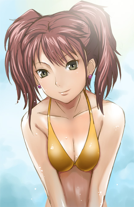 mikel (4hands), kujikawa rise, atlus, persona, persona 4, sega, 1girl, bikini, bikini top only, breasts, breasts squeezed together, brown hair, cleavage, earrings, female focus, green eyes, jewelry, light smile, looking at viewer, red hair, shiny skin, solo, swimsuit, twintails, wet, yellow bikini
