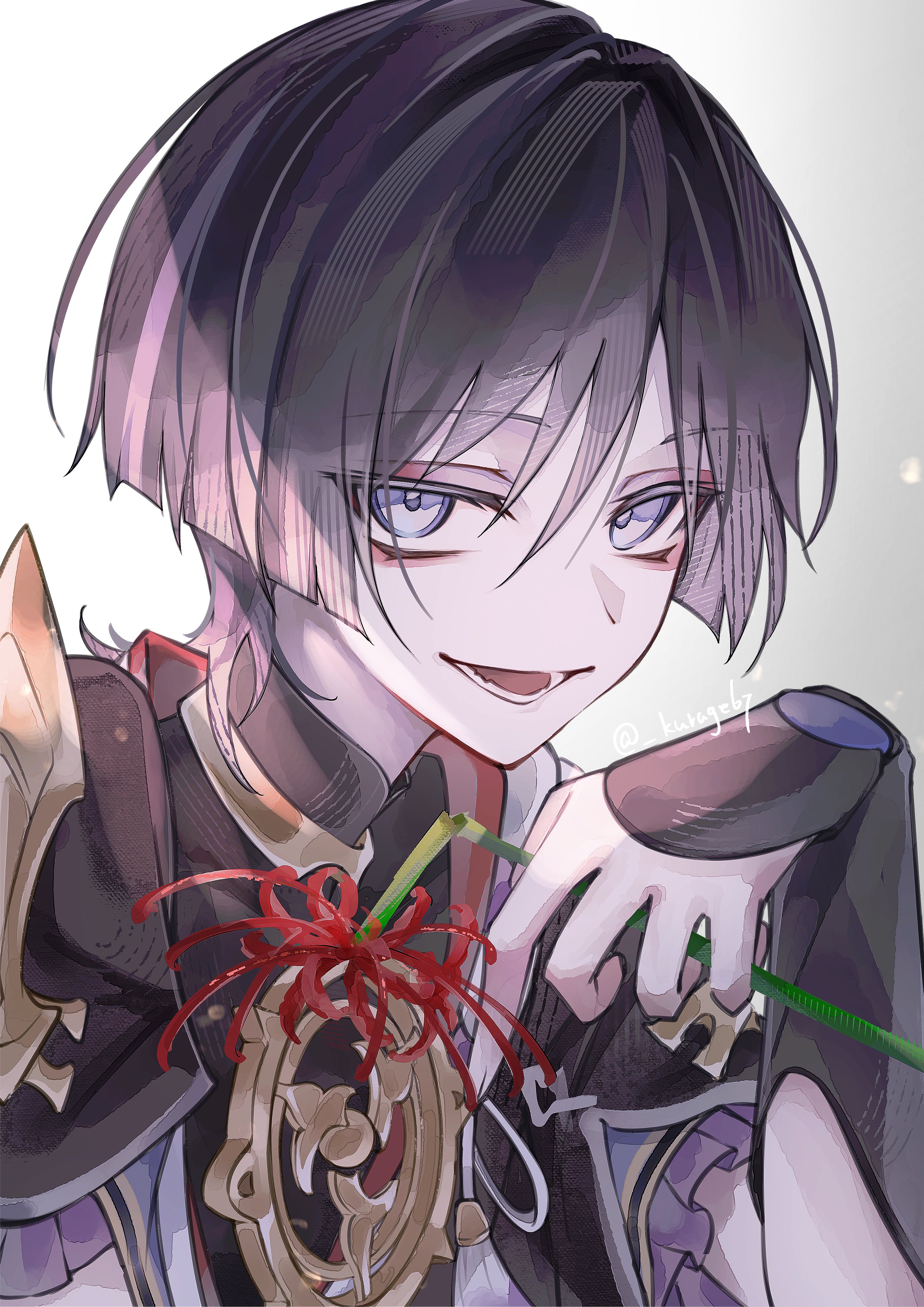 kurage 67, scaramouche (genshin impact), genshin impact, absurdres, highres, 1boy, armor, black bodysuit, black hair, black kimono, black sleeves, bodysuit, eyeliner, eyeshadow, flower, frilled sleeves, frills, gold, grey background, hand up, holding, holding flower, japanese armor, japanese clothes, jewelry, juban, kimono, kote, kurokote, layered sleeves, looking at viewer, lower teeth only, makeup, male focus, mandarin collar, mitsudomoe (shape), multicolored hair, neck ring, open clothes, open kimono, open mouth, pink hair, portrait, purple eyes, purple sleeves, red eyeliner, red eyeshadow, red flower, red kimono, short sleeves, single sode, solo, spider lily, streaked hair, teeth, tomoe (symbol), tsurime, twitter username, white background, white kimono, white trim