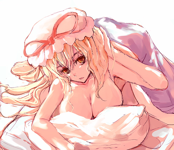 nokishita, yakumo yukari, touhou, non-web source, 1girl, bed sheet, blonde hair, breasts, cleavage, female focus, hat, large breasts, long hair, looking at viewer, lying, naked sheet, on stomach, solo