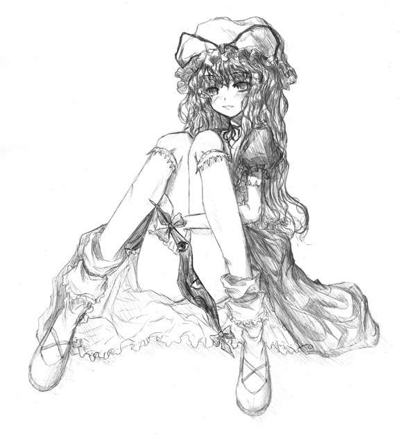 kurona, yakumo yukari, touhou, non-web source, 1girl, blush, bow, censored, convenient censoring, dress, female focus, greyscale, hat, kneehighs, long hair, monochrome, no panties, ribbon, sketch, socks, solo