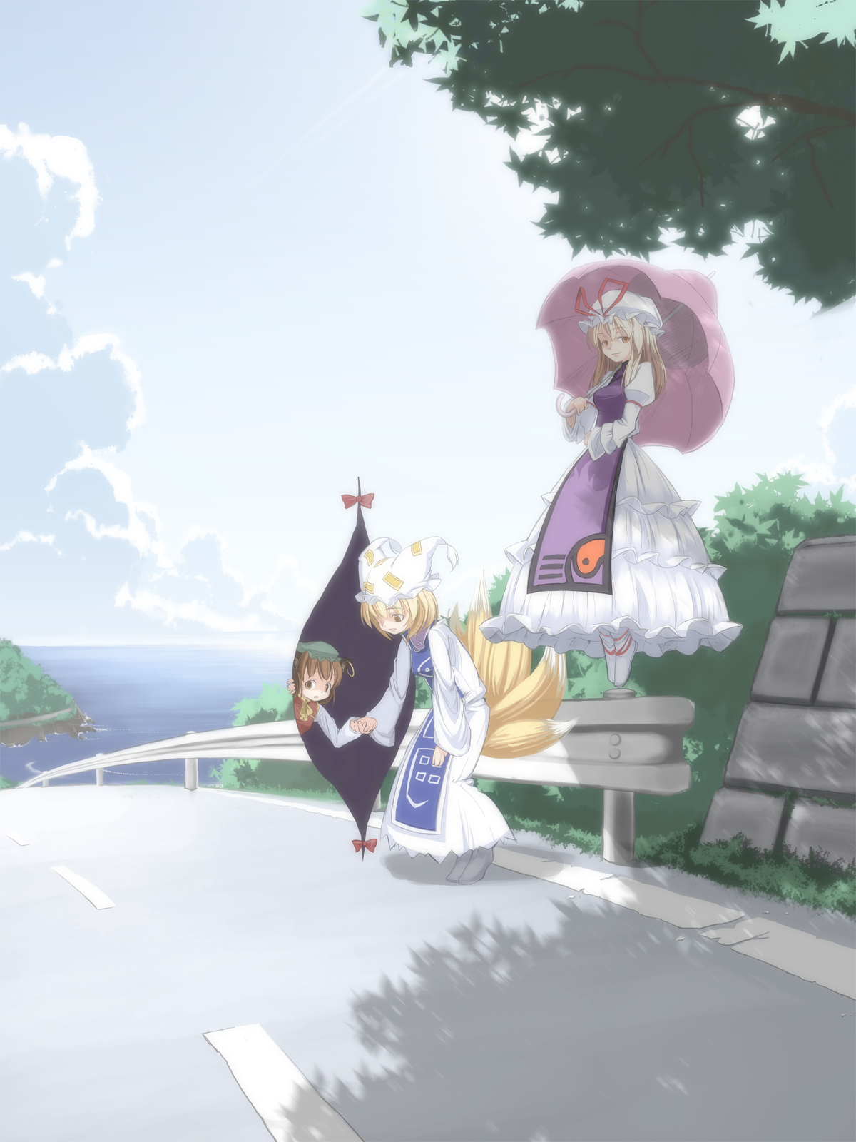 chen, yakumo ran, yakumo yukari, touhou, highres, 3girls, animal ears, animal hat, blonde hair, blue tabard, brown hair, cat ears, cat girl, cat tail, cloud, day, earrings, female focus, fox tail, gap (touhou), hat, holding hands, jewelry, long sleeves, mob cap, multiple girls, multiple tails, ocean, parasol, purple tabard, road, shoes, short hair, tabard, tail, tassel, umbrella, wide sleeves, yellow eyes