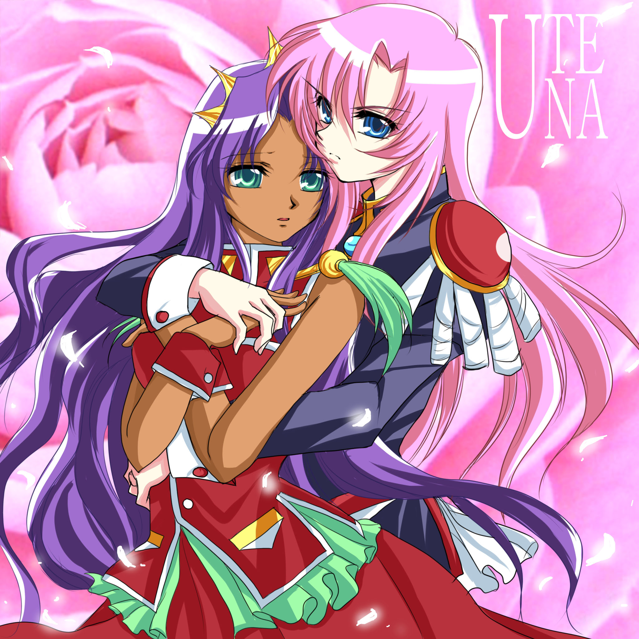 yukihana24, himemiya anthy, tenjou utena, shoujo kakumei utena, bad id, bad pixiv id, highres, 1990s (style), blue eyes, copyright name, dark skin, dress, epaulettes, green eyes, hug, long hair, pink hair, purple hair, retro artstyle, tiara