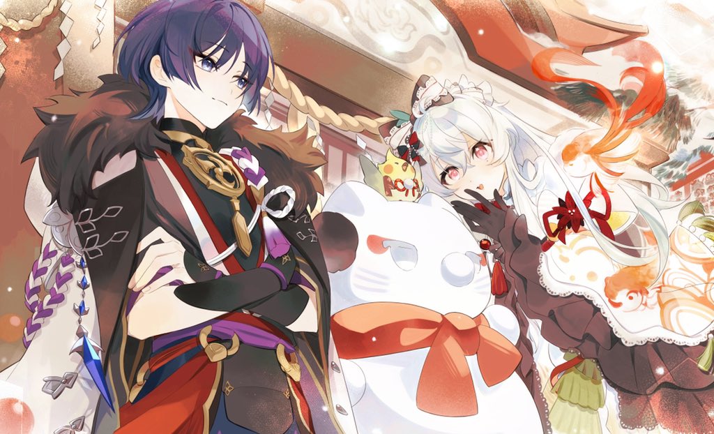 scaramouche (genshin impact), genshin impact, original, artist request, commission, second-party source, 1boy, 1girl, aiguillette, animal print, architecture, armor, bird, black bow, black gloves, black kimono, black sleeves, blue gemstone, blunt ends, blush, bow, closed mouth, coat, commissioner insert, couple, crossed arms, crossed bangs, dress, east asian architecture, ema, eyelashes, eyeliner, eyeshadow, fatui coat, fatui logo, finch, fingernails, fish print, frilled sleeves, frills, fur collar, gem, gloves, gold, grey eyes, hair between eyes, hair bow, hand on own arm, hayami momo (hayamimomo), hetero, japanese armor, japanese clothes, jewelry, juban, kimono, koi, kote, kurokote, lace-trimmed bow, lace trim, lapels, layered sleeves, long hair, looking at another, makeup, mandarin collar, mitsudomoe (shape), neck ring, new year, o-ring, oc x canon, open clothes, open coat, open kimono, open mouth, orange trim, pink eyes, purple hair, purple rope, purple sash, red bow, red eyeliner, red eyeshadow, red kimono, red sash, rope, sash, shimenawa, sidelocks, smile, snowman, tareme, tassel, tomoe (symbol), tree, tsurime, white coat, white dress, white hair, white rope, white sleeves, wide sleeves, winter clothes, winter coat