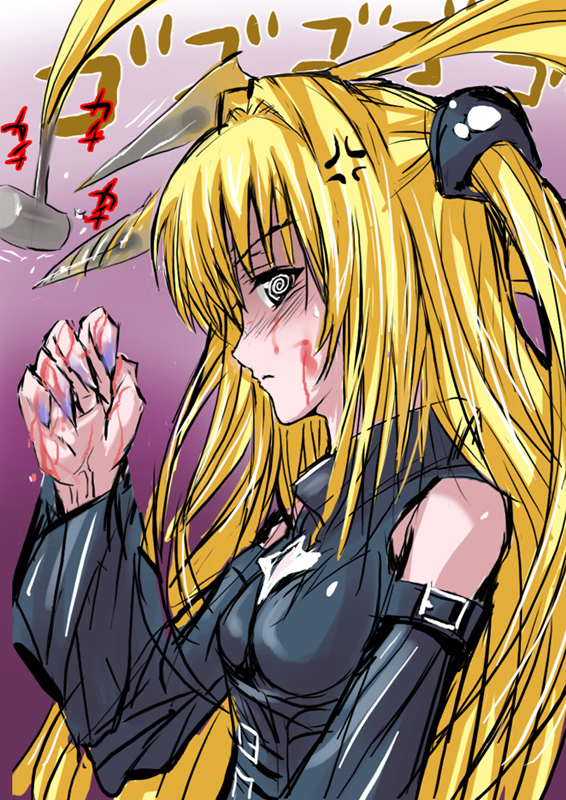 fura, konjiki no yami, to love-ru, 00s, @ @, angry, blood, crazy eyes, hammer, knife, prehensile hair, solo
