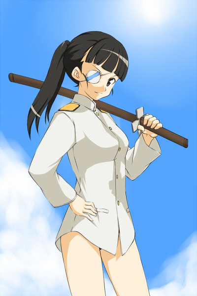 hamao, sakamoto mio, strike witches, world witches series, uniform, 00s, 1girl, black hair, bottomless, day, eyepatch, female focus, hand on own hip, hip focus, katana, ponytail, solo, sword, weapon
