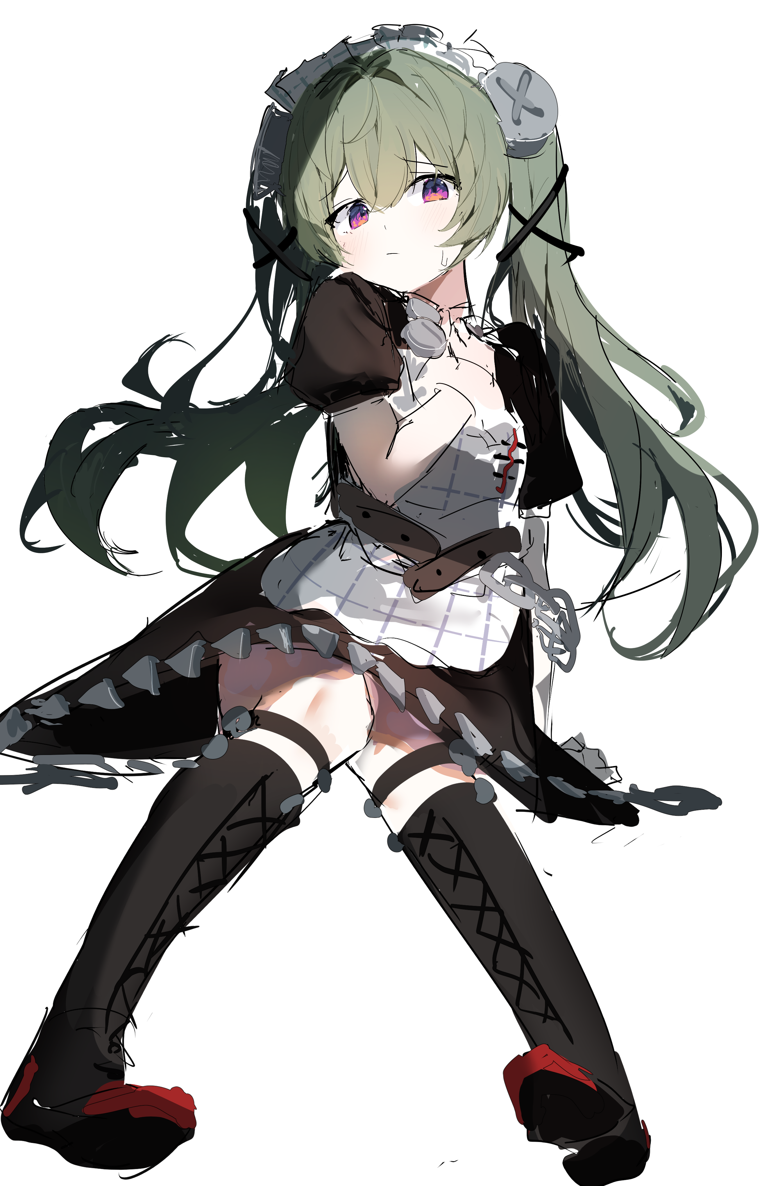 katata, corin wickes, zenless zone zero, absurdres, highres, 1girl, apron, black dress, boots, cuffs, dress, full body, green hair, hair between eyes, knee boots, looking at viewer, maid, purple eyes, screw hair ornament, simple background, solo, twintails, white apron, white background