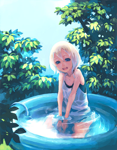 weno, weno's blonde original character, original, lowres, 1girl, blue eyes, female focus, short hair, solo, wading pool, water, white hair