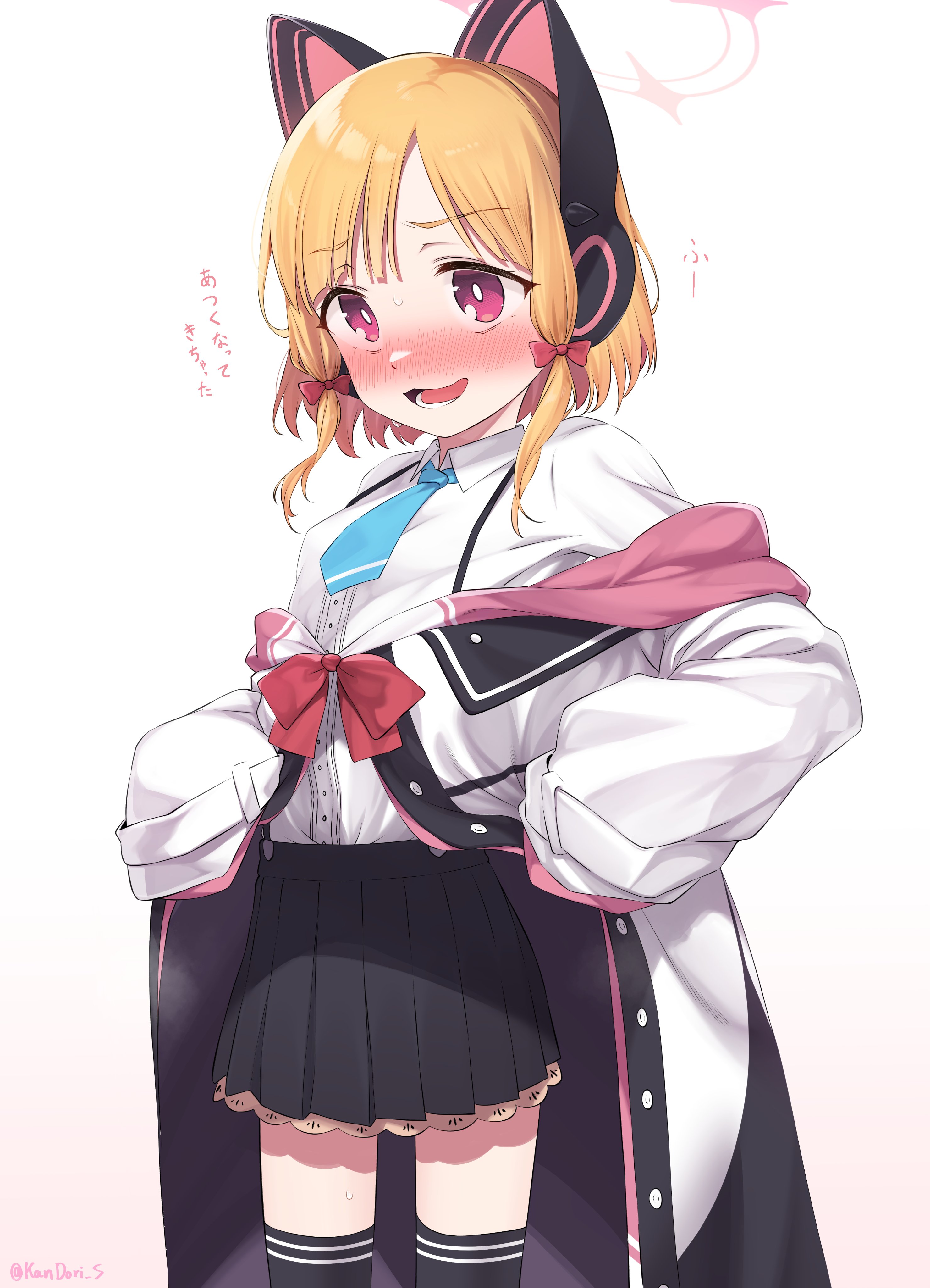 kandori, momoi (blue archive), blue archive, absurdres, commentary request, highres, 1girl, animal ear headphones, animal ears, black thighhighs, blonde hair, blush, fake animal ears, halo, headphones, necktie, shirt, skirt, solo, thighhighs