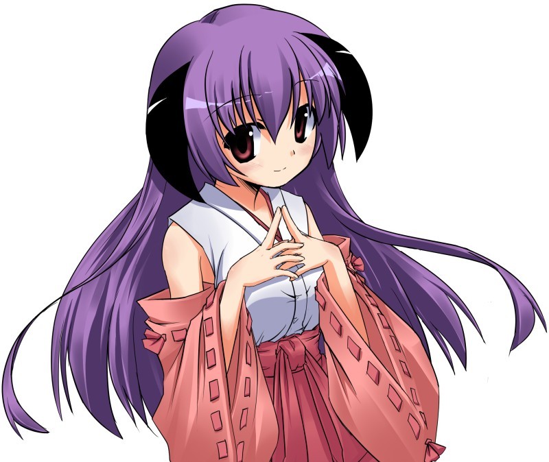 hoshi umi, hanyuu, higurashi no naku koro ni, 00s, 1girl, detached sleeves, female focus, hakama, hakama skirt, horns, japanese clothes, long hair, miko, purple hair, red hakama, skirt, solo