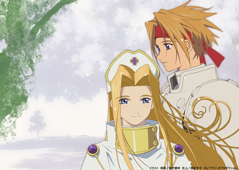cress albane, mint adenade, tales of (series), tales of phantasia, official art, scan, 1boy, 1girl, blonde hair, blue hair, hair intakes