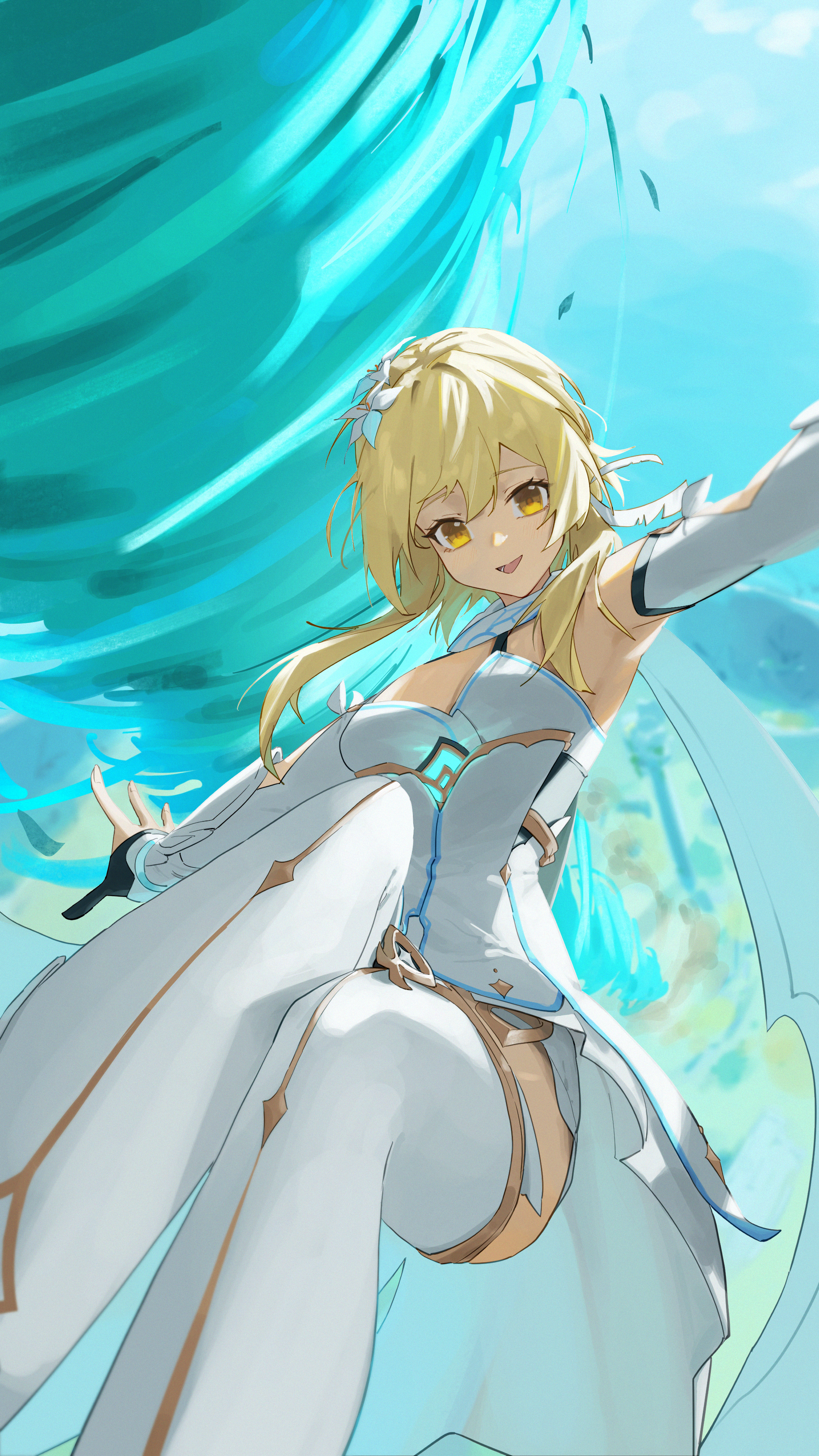 lupinu5, lumine (genshin impact), genshin impact, absurdres, highres, 1girl, armpits, blonde hair, boots, breasts, day, detached sleeves, dress, flower, foreshortening, hair flower, hair ornament, high-low dress, looking at viewer, medium breasts, midair, open mouth, outstretched arms, short hair with long locks, solo, thigh boots, tornado, white boots, white dress, white sleeves, yellow eyes