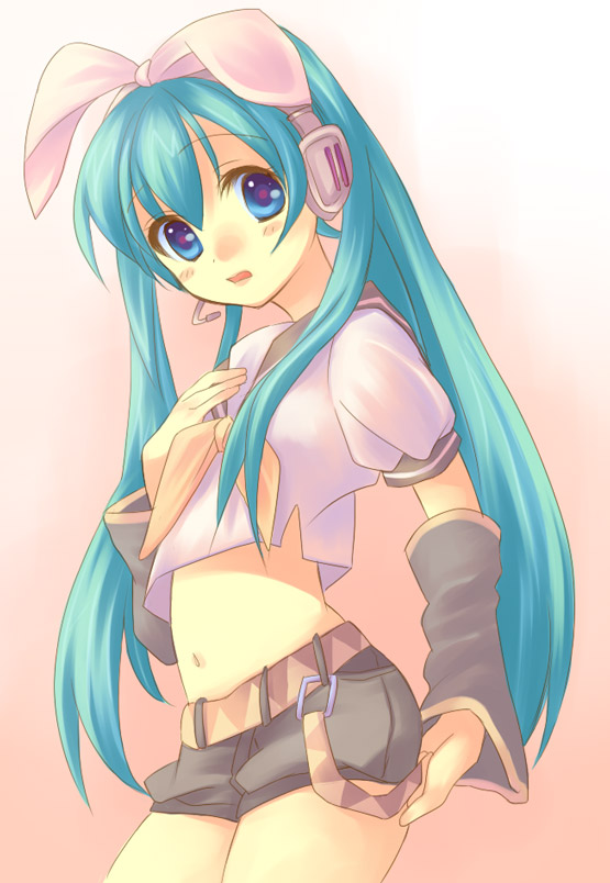 yamada ako, hatsune miku, kagamine rin, vocaloid, aqua hair, blue eyes, bow, cosplay, detached sleeves, headset, kagamine rin (cosplay), long hair, midriff, navel, shorts, solo