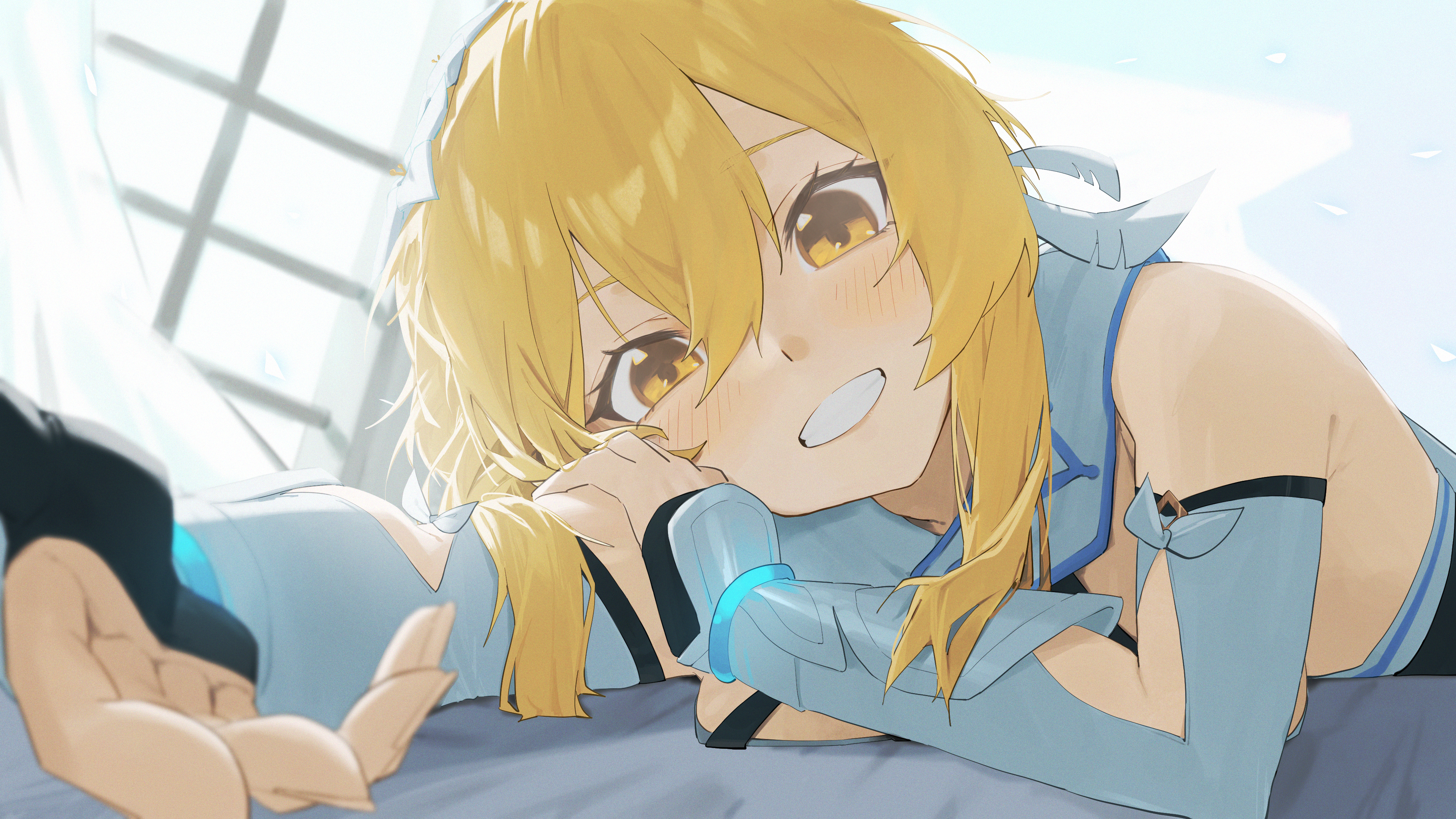 lupinu5, lumine (genshin impact), genshin impact, absurdres, commentary, highres, 1girl, blonde hair, blush, breast press, breasts, clenched teeth, detached sleeves, dress, flower, hair flower, hair ornament, head on arm, head rest, looking at viewer, medium breasts, open mouth, reaching, reaching towards viewer, solo, teeth, upper body, white dress, white sleeves, yellow eyes