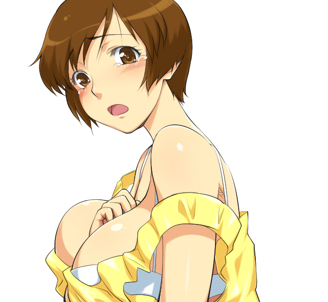 hairu, toyohara etsuko, super real mahjong, 1girl, between breasts, blush, bra, breasts, brown eyes, brown hair, female focus, huge breasts, large breasts, lingerie, open mouth, short hair, solo, tears, underwear